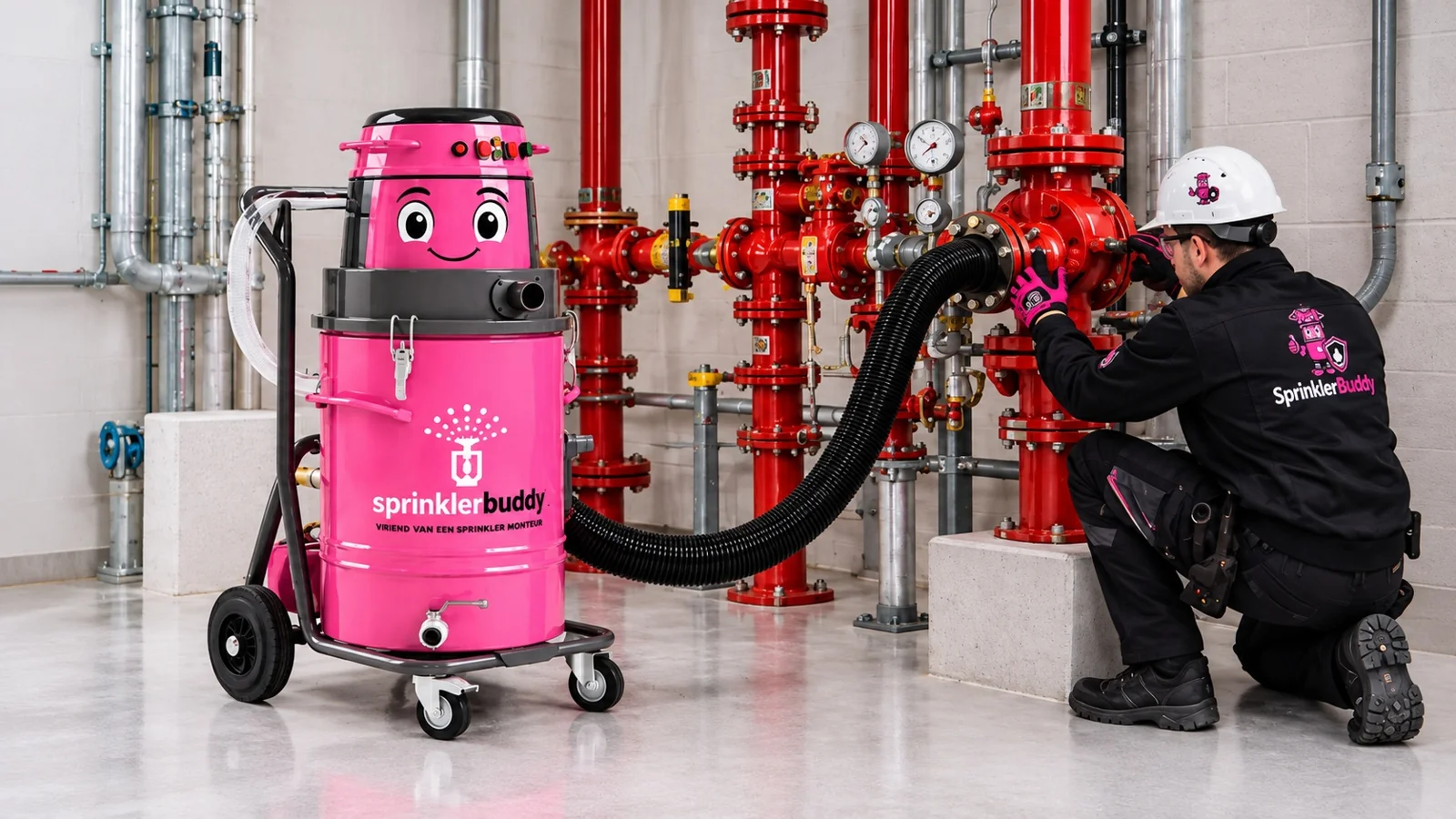 Pink SprinklerBuddy connected to the sprinkler system in a valve room